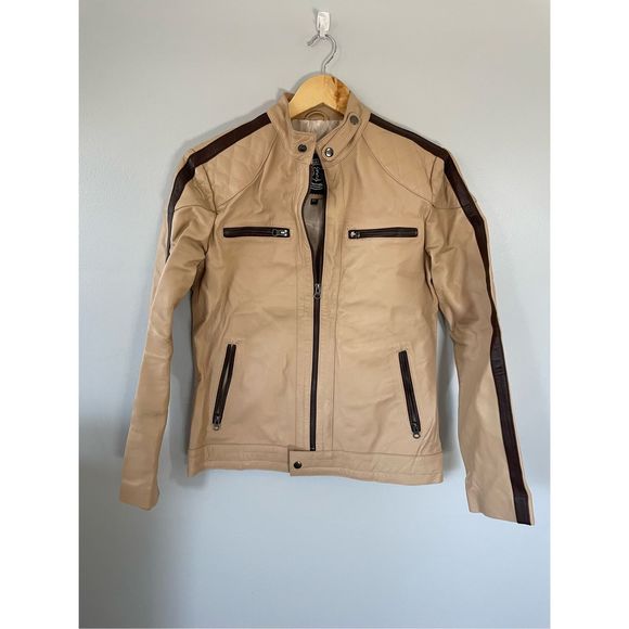 Royal Leather Craft Men’s XS Tan Brown Leather Motorcycle Jacket Full Zip - Picture 1 of 6